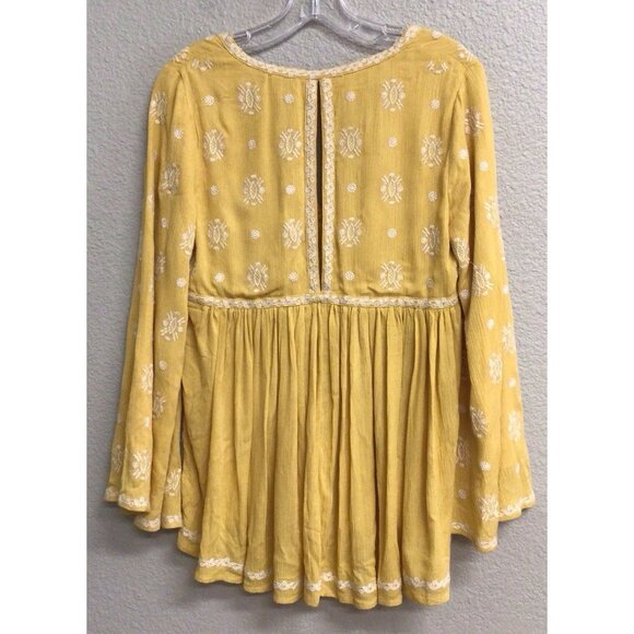 Fate Yellow Embroidered Bell Sleeve Top Boho Top Babydoll Loose Size Small - Picture 2 of 10